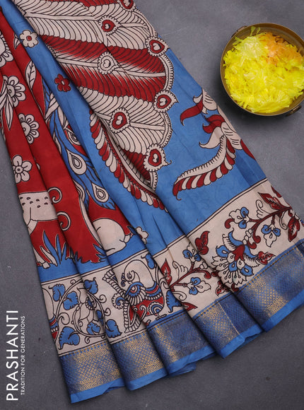 Kalamkari semi silk saree maroon and teal blue with allover prints and mangalgiri border