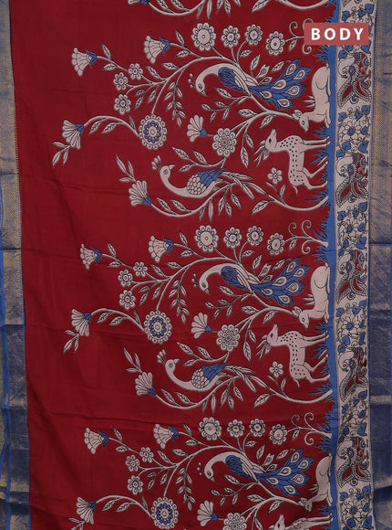 Kalamkari semi silk saree maroon and teal blue with allover prints and mangalgiri border