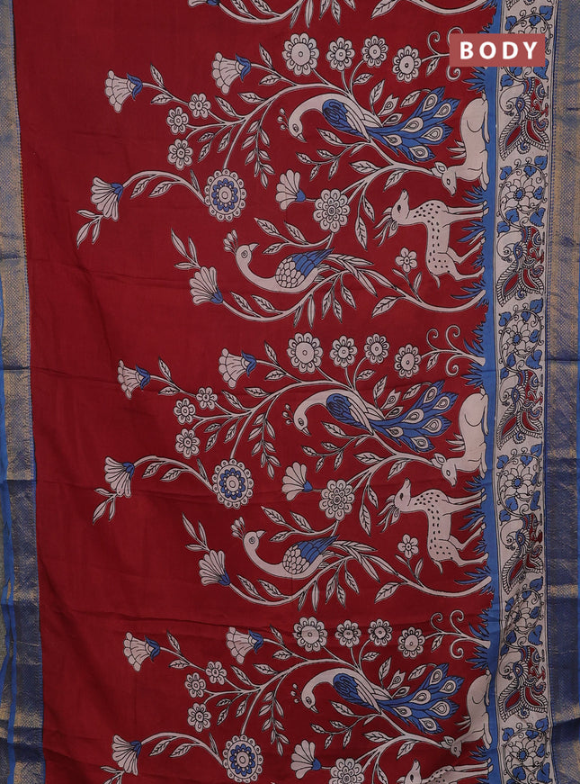 Kalamkari semi silk saree maroon and teal blue with allover prints and mangalgiri border