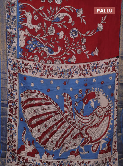 Kalamkari semi silk saree maroon and teal blue with allover prints and mangalgiri border