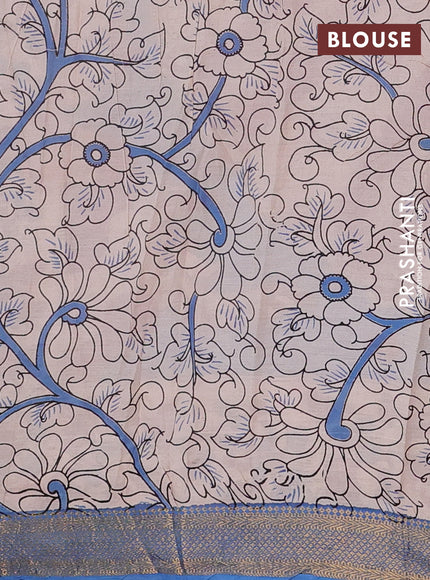 Kalamkari semi silk saree maroon and teal blue with allover prints and mangalgiri border