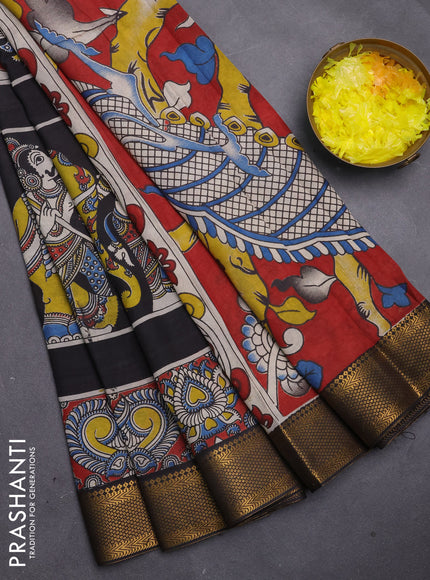 Kalamkari semi silk saree black with allover prints and mangalgiri border