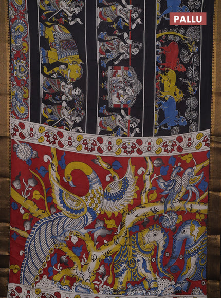 Kalamkari semi silk saree black with allover prints and mangalgiri border