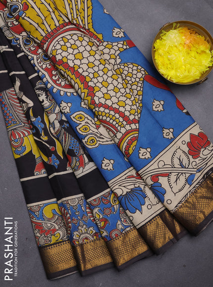 Kalamkari semi silk saree black with allover prints and mangalgiri border