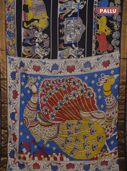 Kalamkari semi silk saree black with allover prints and mangalgiri border