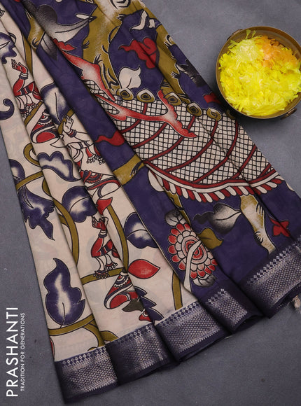 Kalamkari semi silk saree beige and black with allover prints and mangalgiri border
