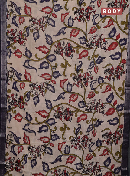Kalamkari semi silk saree beige and black with allover prints and mangalgiri border