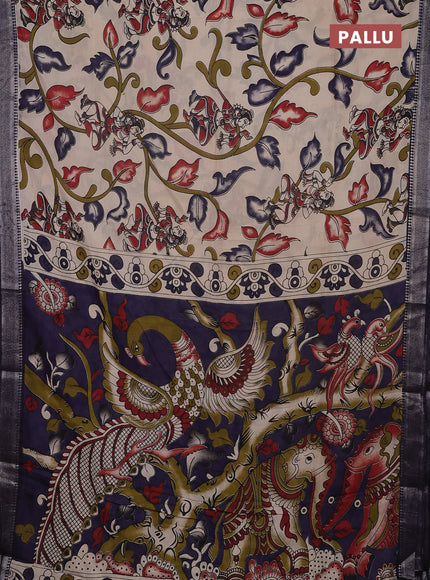 Kalamkari semi silk saree beige and black with allover prints and mangalgiri border