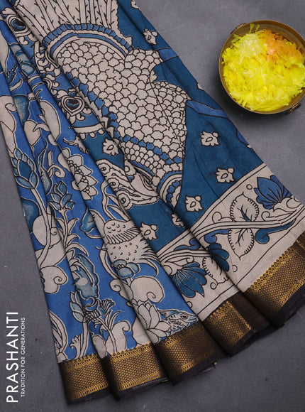 Kalamkari semi silk saree cs blue and black with allover prints and mangalgiri border