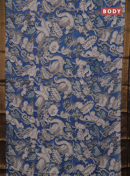 Kalamkari semi silk saree cs blue and black with allover prints and mangalgiri border