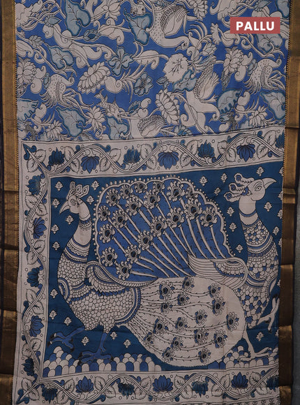 Kalamkari semi silk saree cs blue and black with allover prints and mangalgiri border