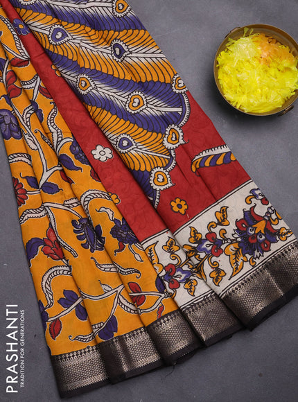 Kalamkari semi silk saree mango yellow and black with allover prints and mangalgiri border