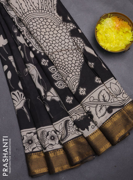 Kalamkari semi silk saree black with allover pichwai prints and mangalgiri border