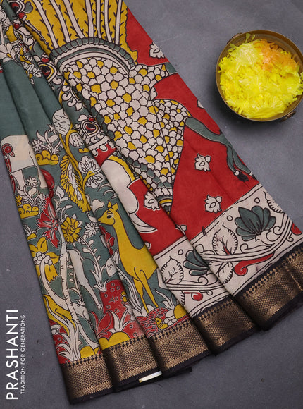 Kalamkari semi silk saree grey and black with allover prints and mangalgiri border