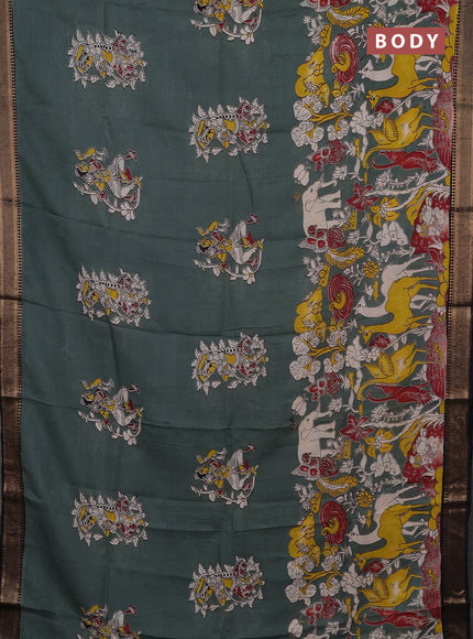 Kalamkari semi silk saree grey and black with allover prints and mangalgiri border