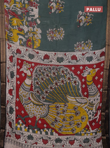 Kalamkari semi silk saree grey and black with allover prints and mangalgiri border