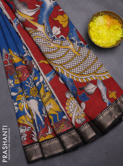 Kalamkari semi silk saree cs blue and black with allover prints and mangalgiri border