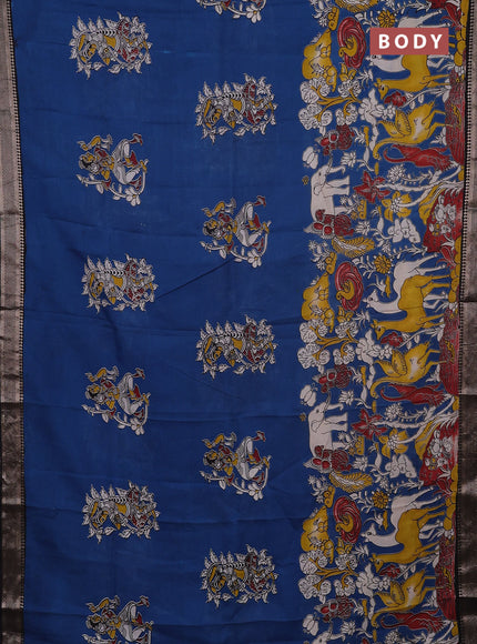 Kalamkari semi silk saree cs blue and black with allover prints and mangalgiri border