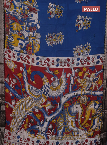 Kalamkari semi silk saree cs blue and black with allover prints and mangalgiri border
