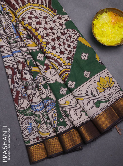 Kalamkari semi silk saree coffee brown and black with allover prints and mangalgiri border