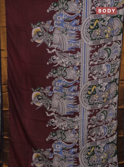 Kalamkari semi silk saree coffee brown and black with allover prints and mangalgiri border