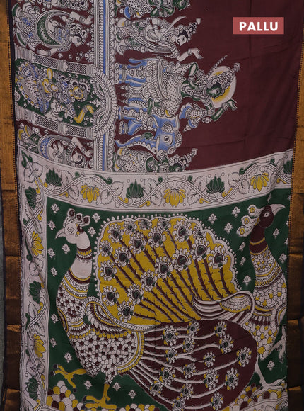 Kalamkari semi silk saree coffee brown and black with allover prints and mangalgiri border