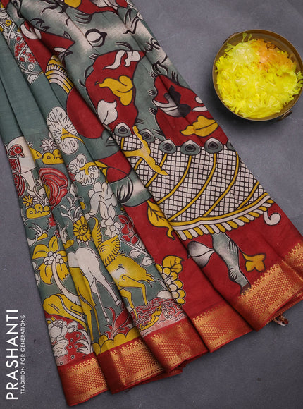 Kalamkari semi silk saree grey and maroon with allover prints and mangalgiri border