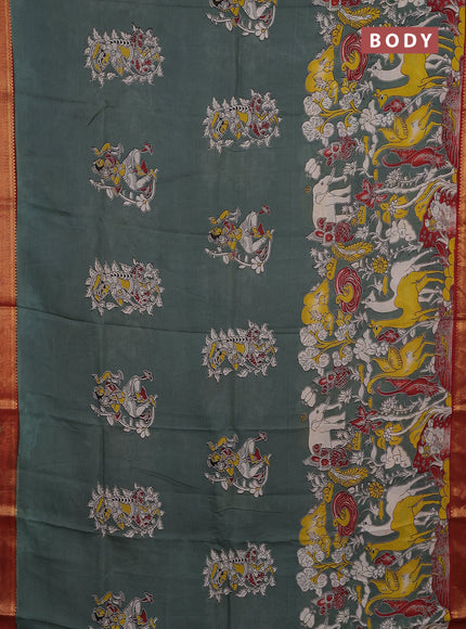 Kalamkari semi silk saree grey and maroon with allover prints and mangalgiri border