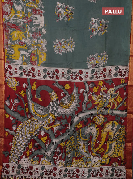 Kalamkari semi silk saree grey and maroon with allover prints and mangalgiri border