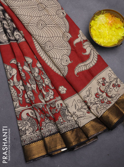 Kalamkari semi silk saree maroon and black with allover prints and mangalgiri border