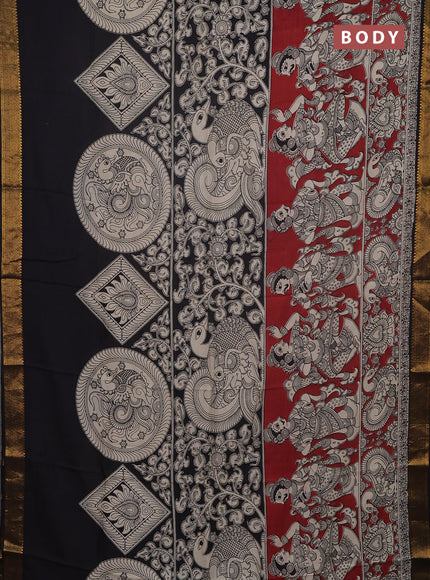 Kalamkari semi silk saree maroon and black with allover prints and mangalgiri border