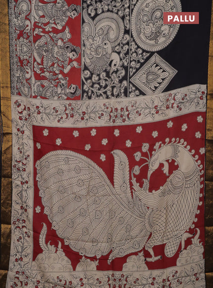 Kalamkari semi silk saree maroon and black with allover prints and mangalgiri border