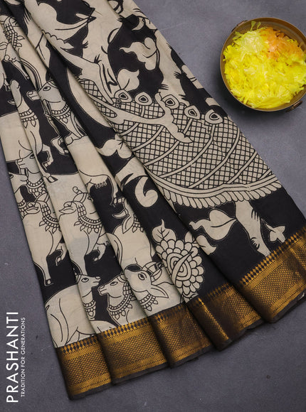 Kalamkari semi silk saree beige and black with allover pichwai prints and mangalgiri border