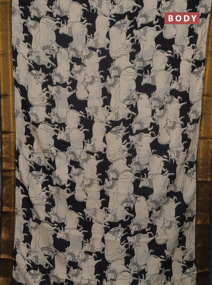 Kalamkari semi silk saree beige and black with allover pichwai prints and mangalgiri border