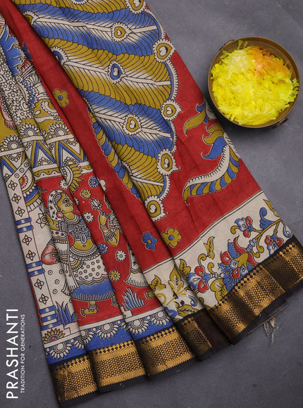 Kalamkari semi silk saree beige and black with allover prints and mangalgiri border
