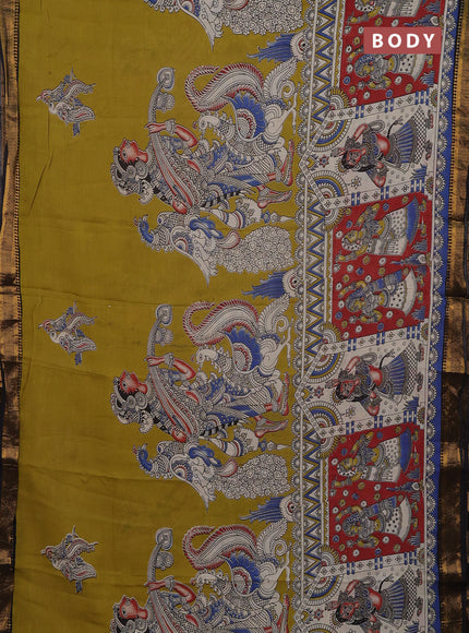 Kalamkari semi silk saree beige and black with allover prints and mangalgiri border