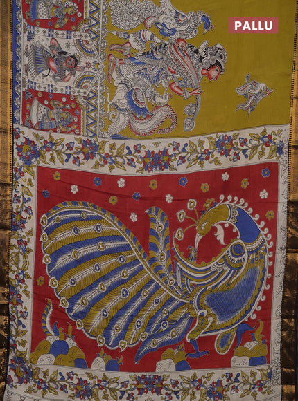 Kalamkari semi silk saree beige and black with allover prints and mangalgiri border