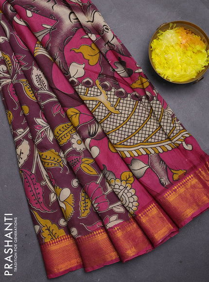 Kalamkari semi silk saree wine shade and pink with allover prints and mangalgiri border