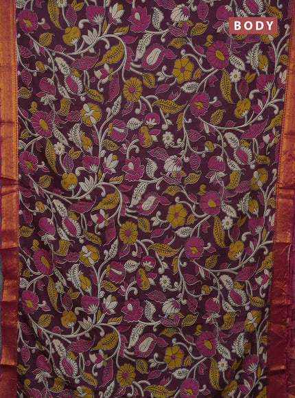 Kalamkari semi silk saree wine shade and pink with allover prints and mangalgiri border