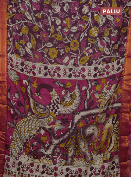 Kalamkari semi silk saree wine shade and pink with allover prints and mangalgiri border