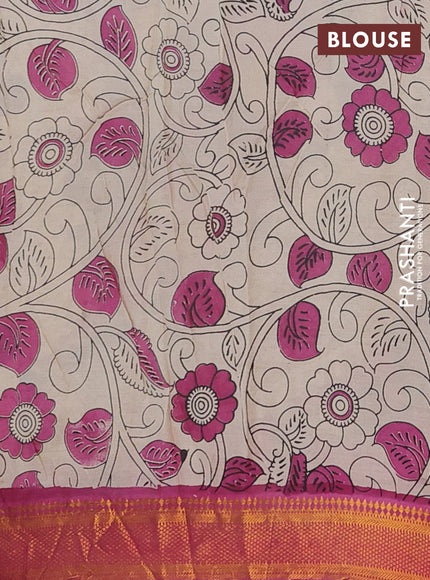 Kalamkari semi silk saree wine shade and pink with allover prints and mangalgiri border