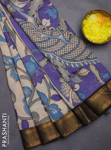 Kalamkari semi silk saree beige and black with allover prints and mangalgiri border