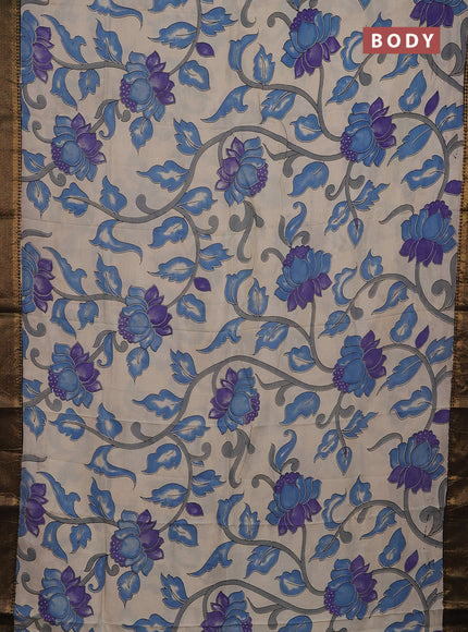 Kalamkari semi silk saree beige and black with allover prints and mangalgiri border