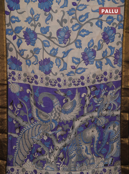 Kalamkari semi silk saree beige and black with allover prints and mangalgiri border