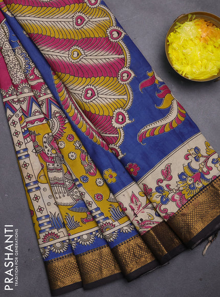 Kalamkari semi silk saree beige and black with allover prints and mangalgiri border
