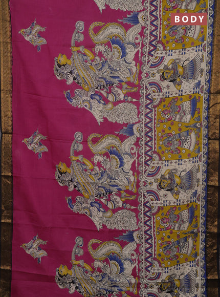 Kalamkari semi silk saree beige and black with allover prints and mangalgiri border