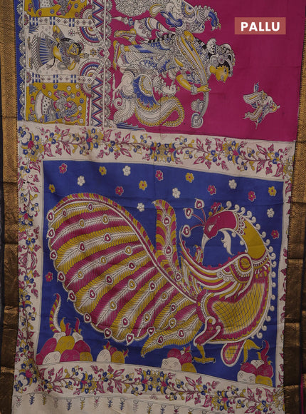Kalamkari semi silk saree beige and black with allover prints and mangalgiri border