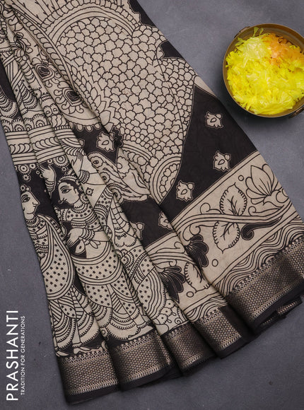 Kalamkari semi silk saree beige and black with allover prints and mangalgiri border