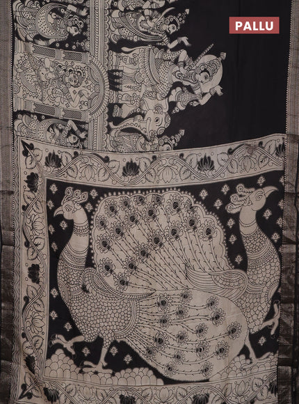 Kalamkari semi silk saree beige and black with allover prints and mangalgiri border