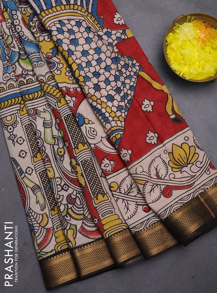 Kalamkari semi silk saree beige and black with allover prints and mangalgiri border